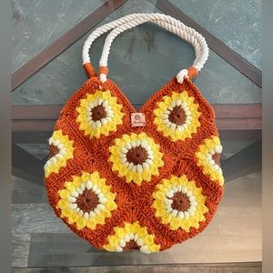 Granny Sunflower squares knitted shoulder bag handmade brown and yellow New